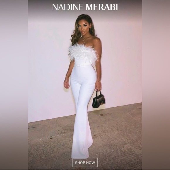 NWOT NADINE MERABI Colette White Feather Strapless belted Jumpsuit sz 14 - Picture 3 of 10